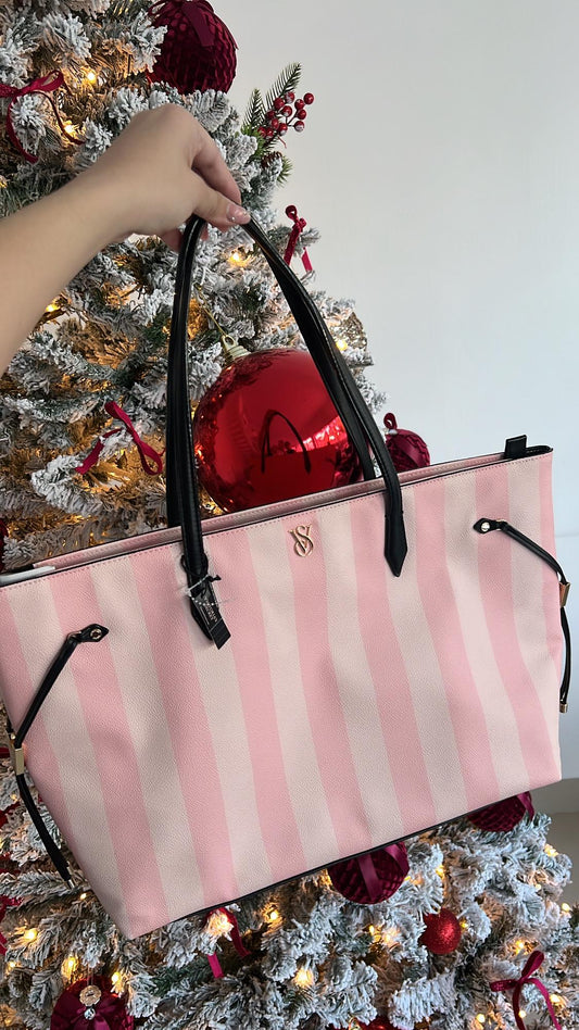 Tote Bag Rosa con rayas blancas